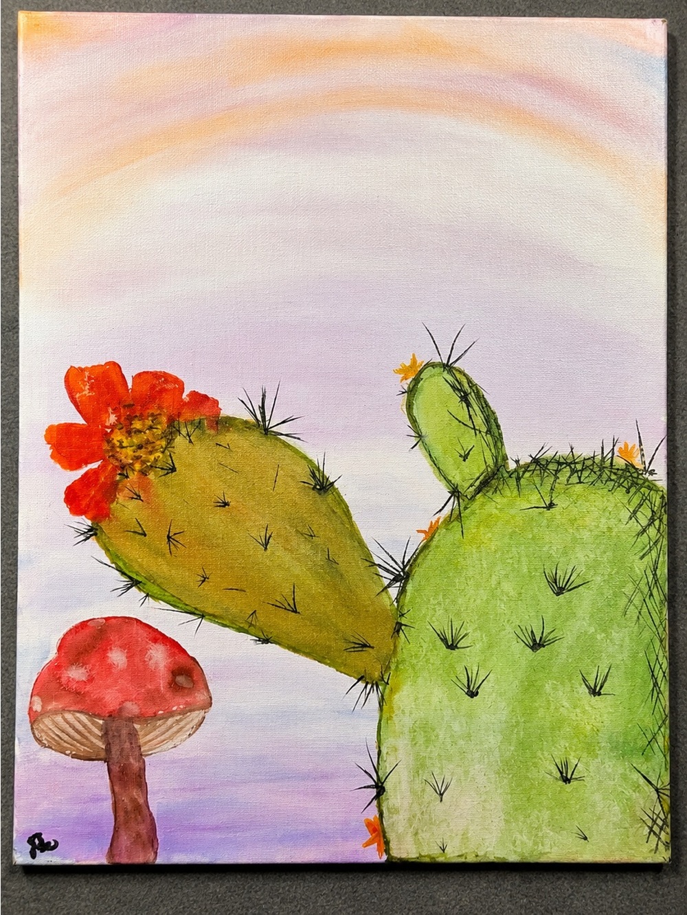 Watercolor Cactus Canvas Art with Red Flower (Hand-painted by me).